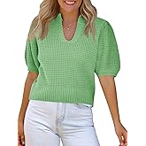 Saodimallsu Womens Puff Short Sleeve Sweater Top Waffle Knit V Neck Spring Summer Cropped Trendy Cute Shirts Blouses