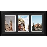 Golden State Art, 9x18 Black Wood Frame - Black Mat for Three 5x7 Pictures - Sawtooth Hangers- Swivel Tabs - Wall Mounting - Landscape/Portrait - Real Glass - Collage Frame