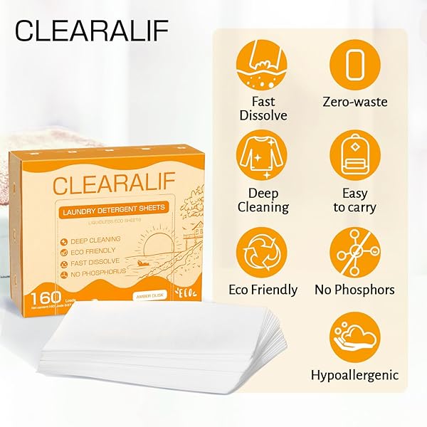 LAUNDRY DETERGENT SHEETS UP TO 160 LOADS, AMBER DUSK – GREAT FOR TRAVEL,APARTMENTS, DORMS,CLEARALIF LAUNDRY DETERGENT STRIPS ECO FRIENDLY & HYPOALLERGENIC – 80 SHEETS
