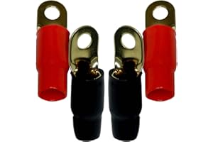 Bass Rockers 0 Gauge AWG Gold Plated Crimp Ring Terminals - Amplifier Car Audio Accessories - Power Ground Wire Battery Cable Connectors - TR0G 4pcs Red & Black