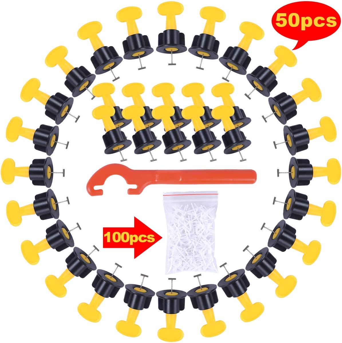 Tile Leveling System Kit with 50pcs Reusable Tile Leveler Spacers and Special Wrench Construction Tools for Building Wall and Floor