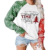 TAOHONG Merry Christmas Sweartshirt for Women Xmas Buffalo Plaid Tree Tops Color Block Snowflake Print Long Sleeve Shirt