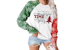TAOHONG Merry Christmas Sweatshirt Women Xmas Buffalo Plaid Tree Color Block Christmas Snowflake Print Long Sleeve Top Shirts