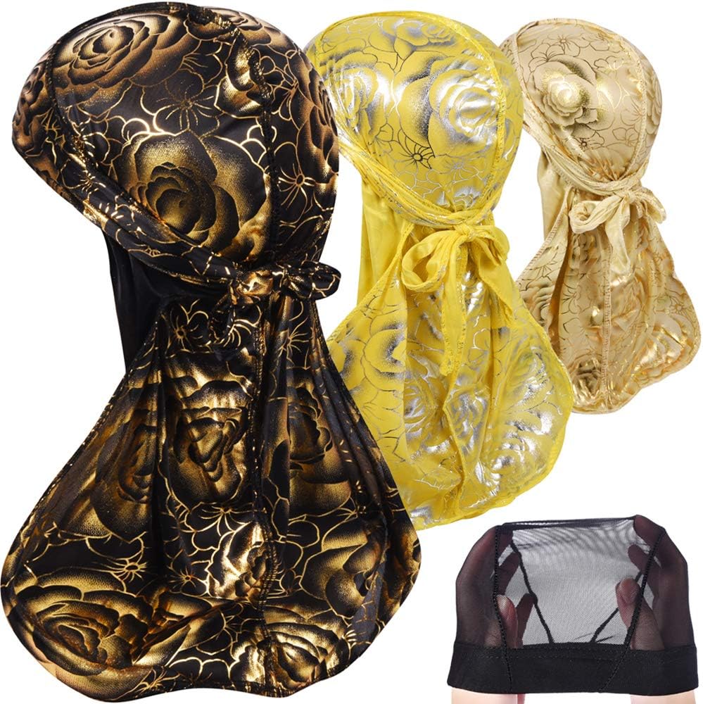 3PCS Glitter Holographic Durags Pack for Men Waves, Award 1 Wave Cap,Set H