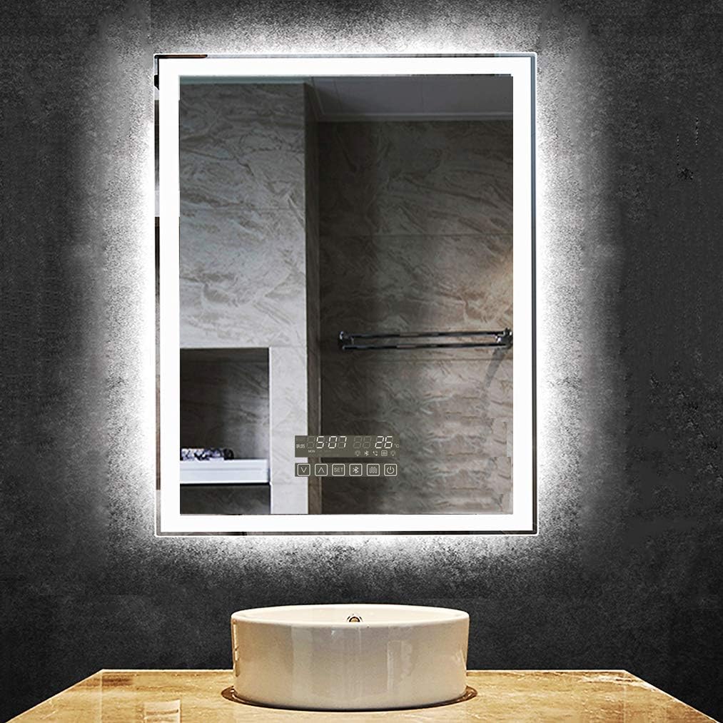 HORV Humanized Dimmable LED Bathroom Wall Mirror, Bluetooth + White Light/Warm Light/Daylight + Calendar + Time + Temperature + Call + Music Player
