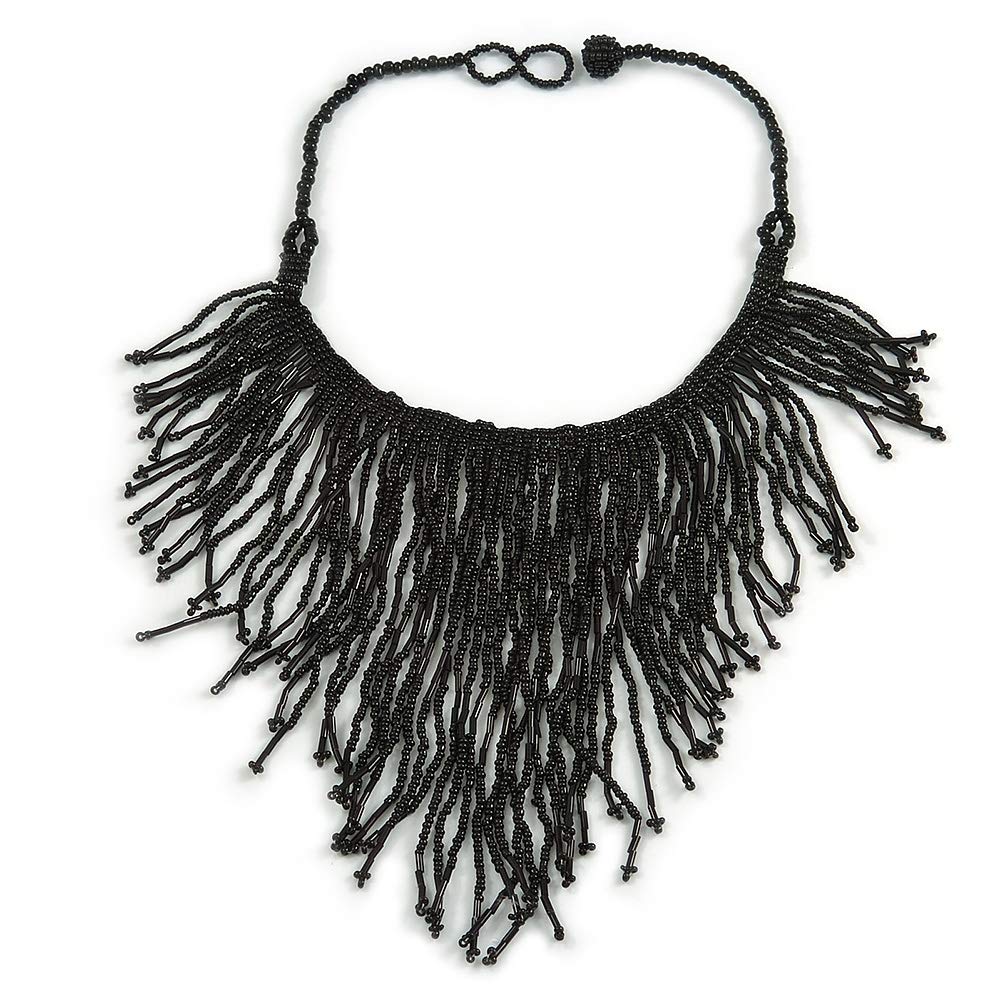 Avalaya Glass Bead Bib Style/Fringe Necklace In Black/40cm L/ 17cm Front Drop