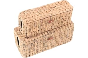 CHUMDECOR Set 2 Wicker Cable Management Box with Lid 2 Open Slots -Large Cord Box Hider-15 inch Desk Cable Management Basket-Handwoven Cable Organizer Box-Decorative Box to Hide Cords and Power Strip
