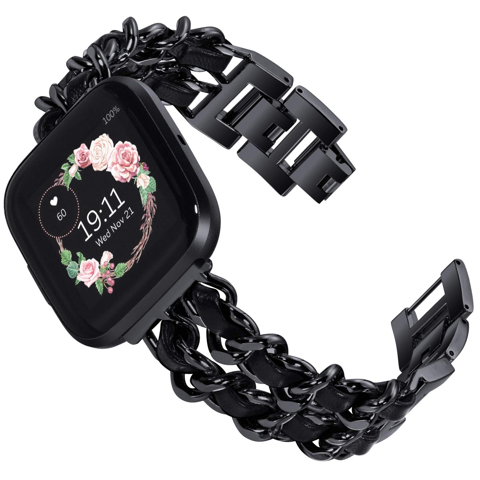 KADES Compatible with Fitbit Versa 2 strap, Women Bracelet Stainless Steel Replacement band with Quick Release Pin for FitbitVersa Lite Edition Men Women, Black/Black