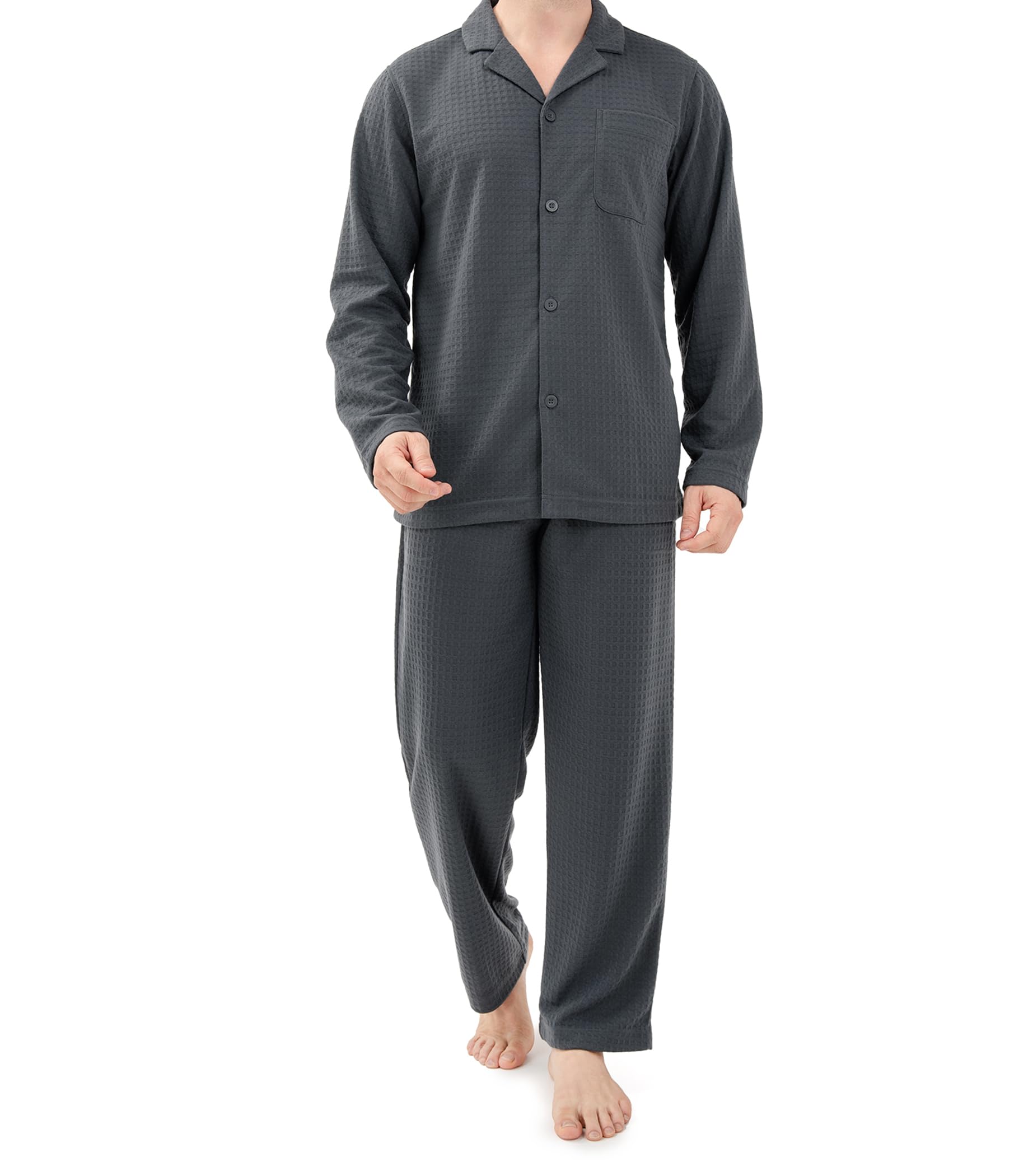 DAVID ARCHY Mens Waffle Pajamas Set Warm Pajmas for Men Notched Collar Winter Sleepwear with Roomy Pockets (S, Dark Grey) Image