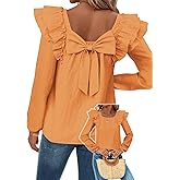 Falechay Womens Bow Tie Back Tops Square Neck Long Ruffle Sleeve Shirts Cute Babydoll Chiffon Texture Women Fall Trendy Tunic