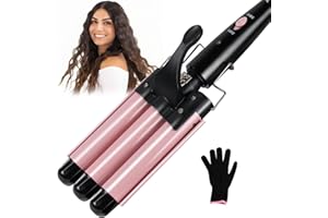 3 Barrel Curling Iron Wand, janelove 1 Inch Ceramic Tourmaline Triple Barrels, Hair Waver with Two Temperature Control, Fast Heating Portable Beach Waver Curling Iron-Pink