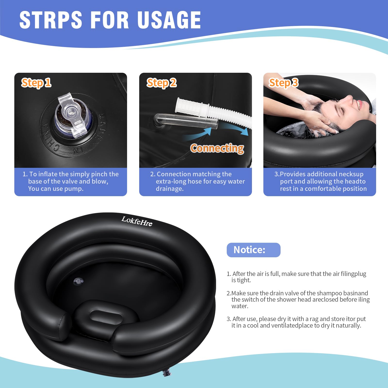 Large Portable Inflatable Hair Washing Basin for Bedridden - Wash Hair in Bed with Inflatable Shampoo Bowl.For Elderly,Disabled,Injured,Ideal Inflatable Sink for Locs Detox (Black)