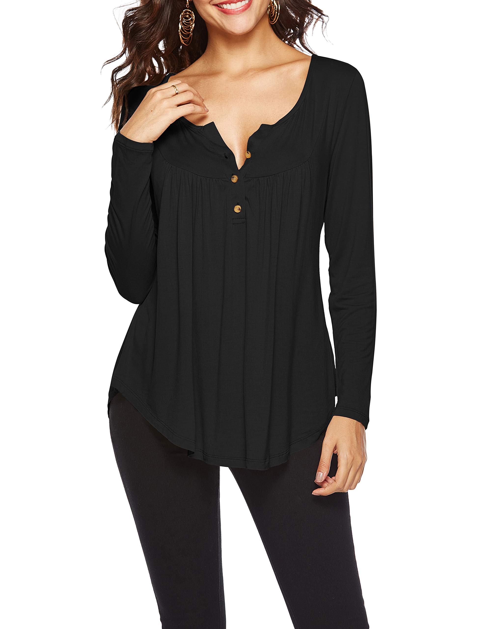 Eanklosco Womens Tops V Neck T-Shirts Swing Ruffle Blouses Button up Tunic Casual Flowy Long Sleeve (Black, XL)