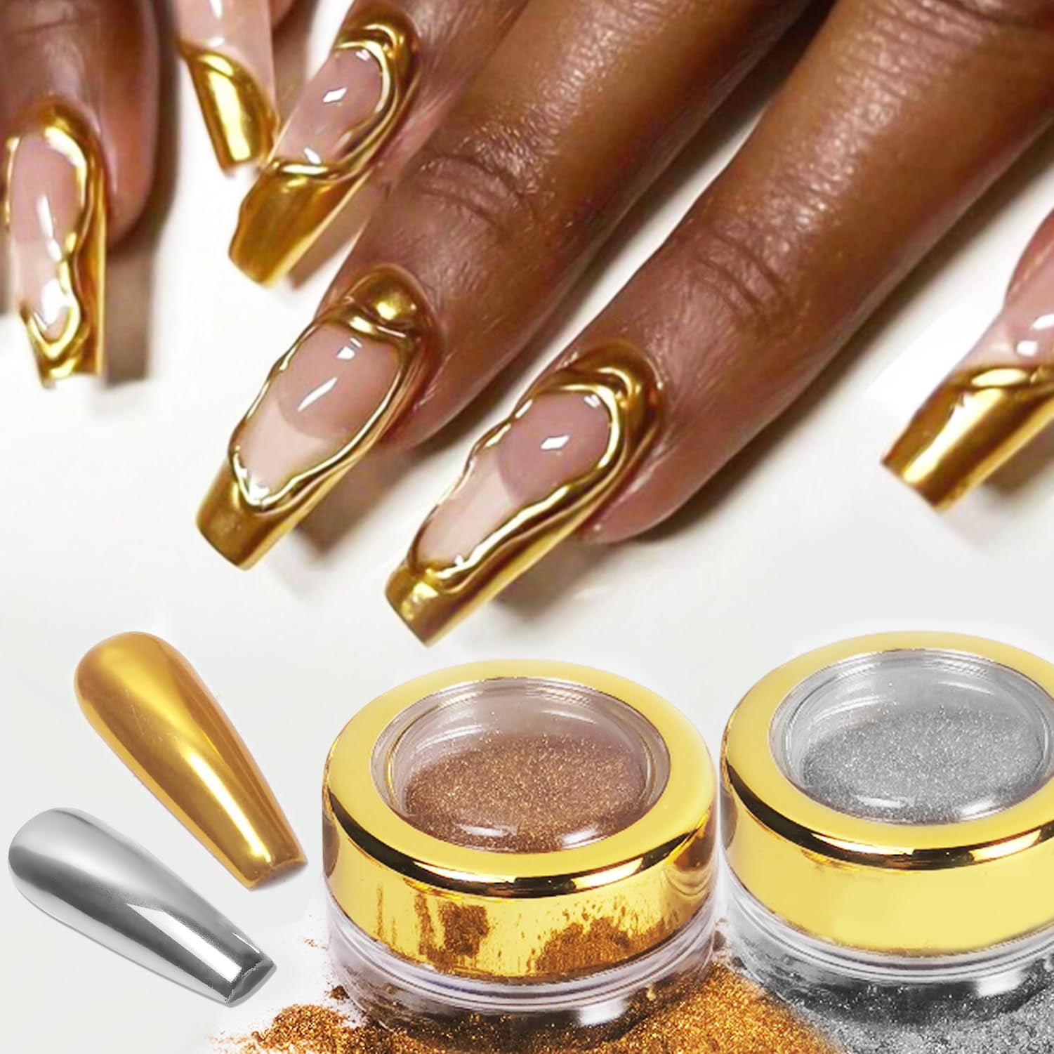 Nail Art Mirror Pigment Silver and Gold Chrome Nail Powder Kit Holographic Nail Glitters Shining Silver and Gold Nail Chrome Powder Set