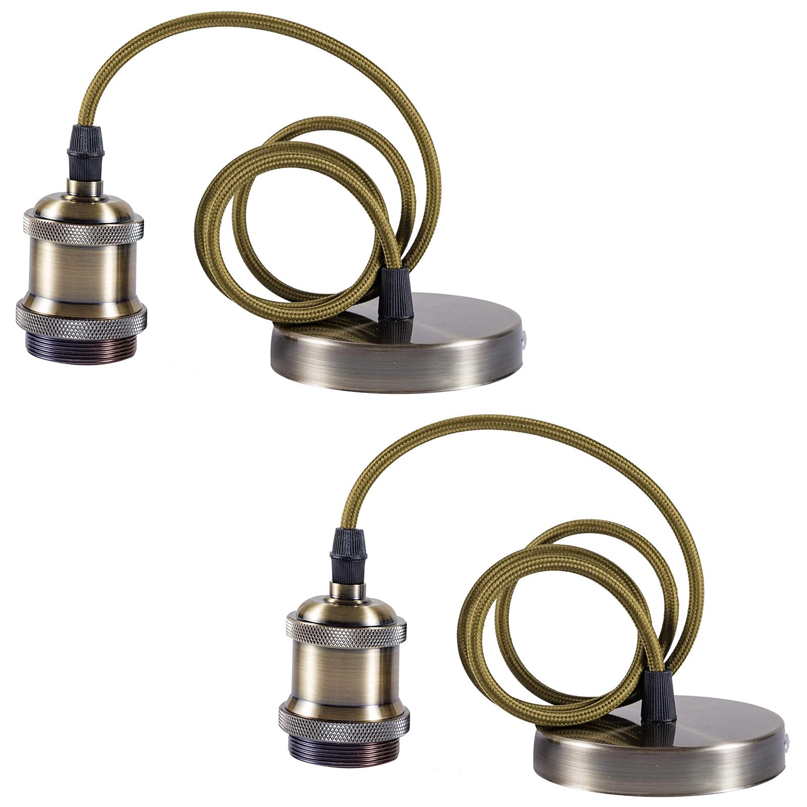 Sevenpers Ceiling Pendant Light Fitting, 2 Pack E27 Bronze Vintage Style Ceiling Rose Light Fitting Lamp Holder Kit with Ground Wire and 90cm Braided Cable