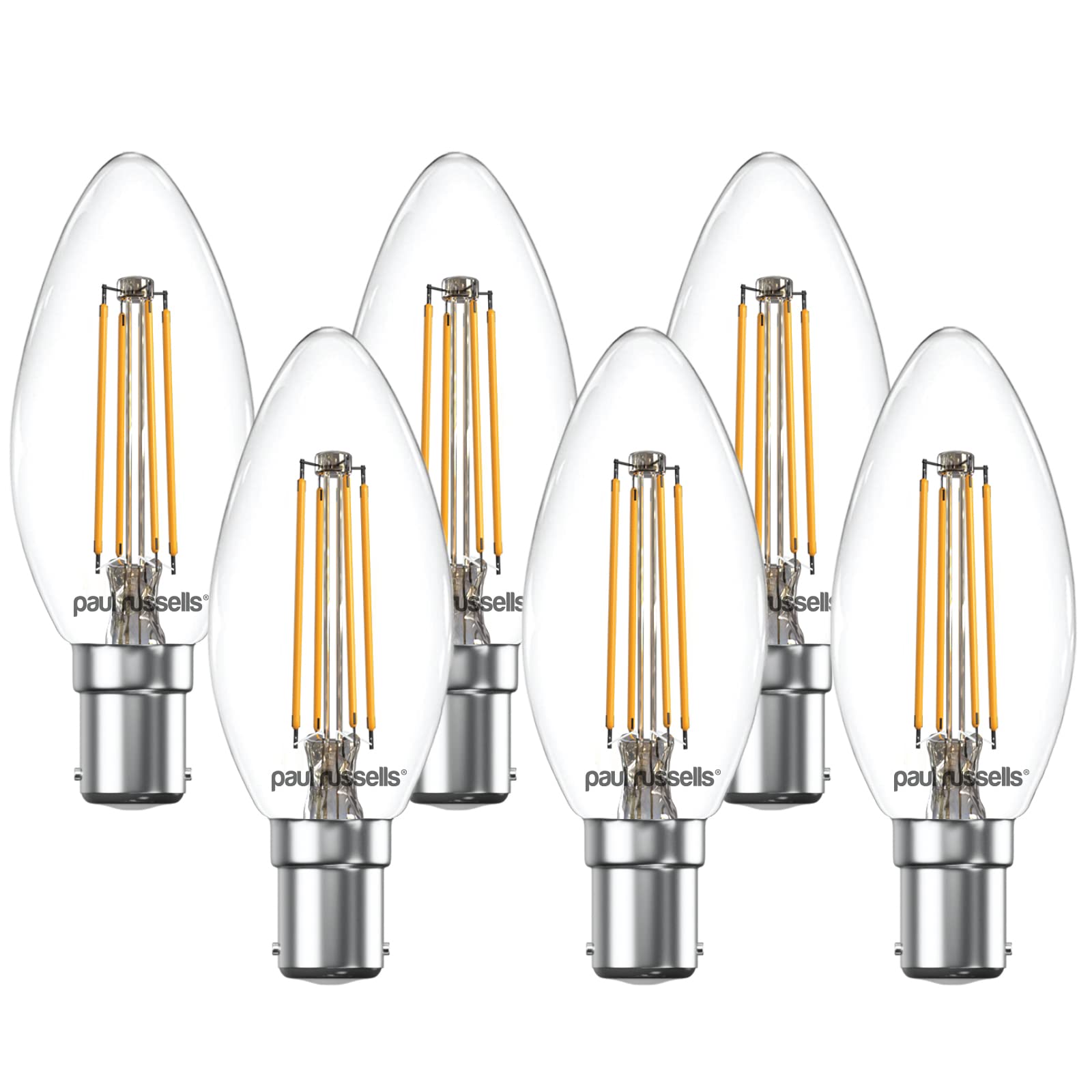 Paul russells LED Candle Filament Light – 4.5W 40W Equivalent Replacement, 470LM Lumens, 2700K Warm White, SBC B15 Small Bayonet Cap C35 Bulbs – Bright Energy Saving Non-Dimmable Lamps - Pack of 6