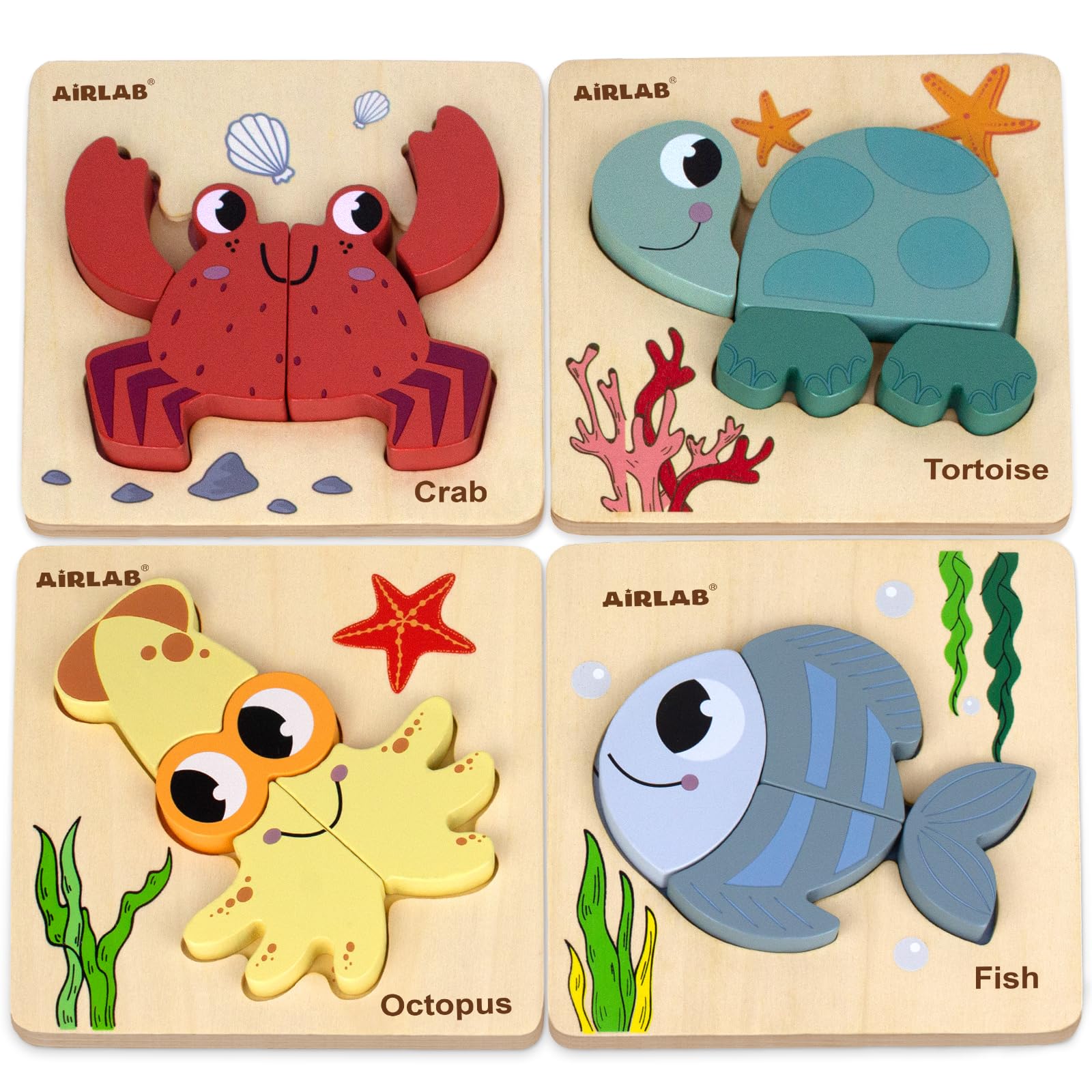 Airlab Montessori Toys for 1 2 3 Year Old Girls Boys, Wooden Jigsaw Baby Chunky Shape Puzzles, Fine Motor Skills Sensory Learning & Educational Travel Toys, First 1st Birthday Gifts