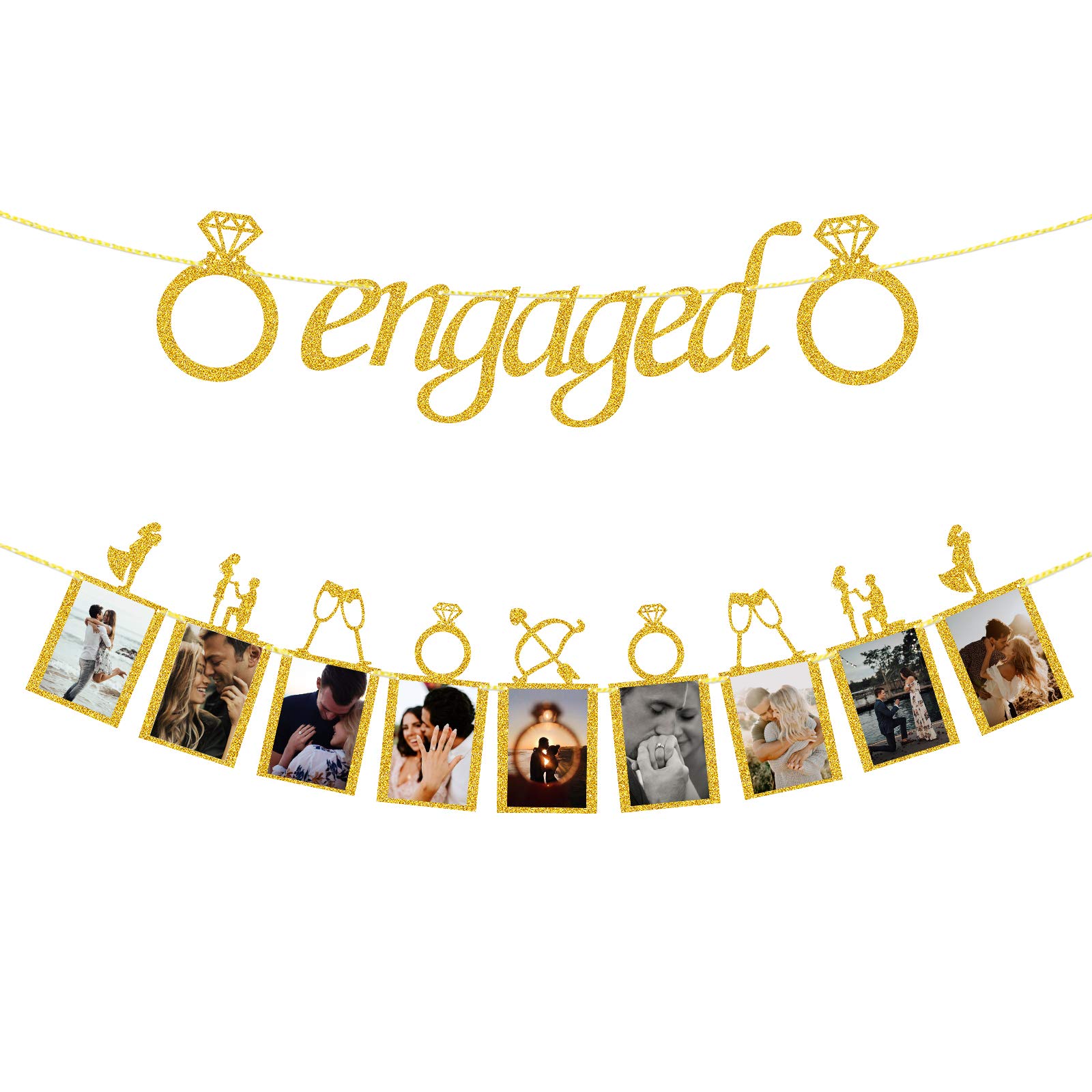 Engagement Wedding Decoration, Gold Engaged Banner and Photo Banner with Romantic Memories Picture Card Frames, for Engagement/Weddings/Anniversary/Valentines Day party Supplies