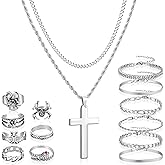 Kigeli 15 Pcs Silver Jewelry Set for Men, Stainless Steel Cross Pendant Layered Necklace Cuban Link Bracelet Vintage Ring Gothic Hip Hop Chain Chunky Jewelry Set for Women Men Gifts