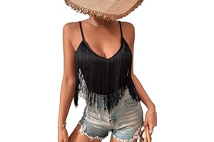 ELLA LUST Womens Fringe Tank Top - Western Festival Clothing Cowgirl Tassel V Neck Rave Country Concert Outfits Boho Camisole