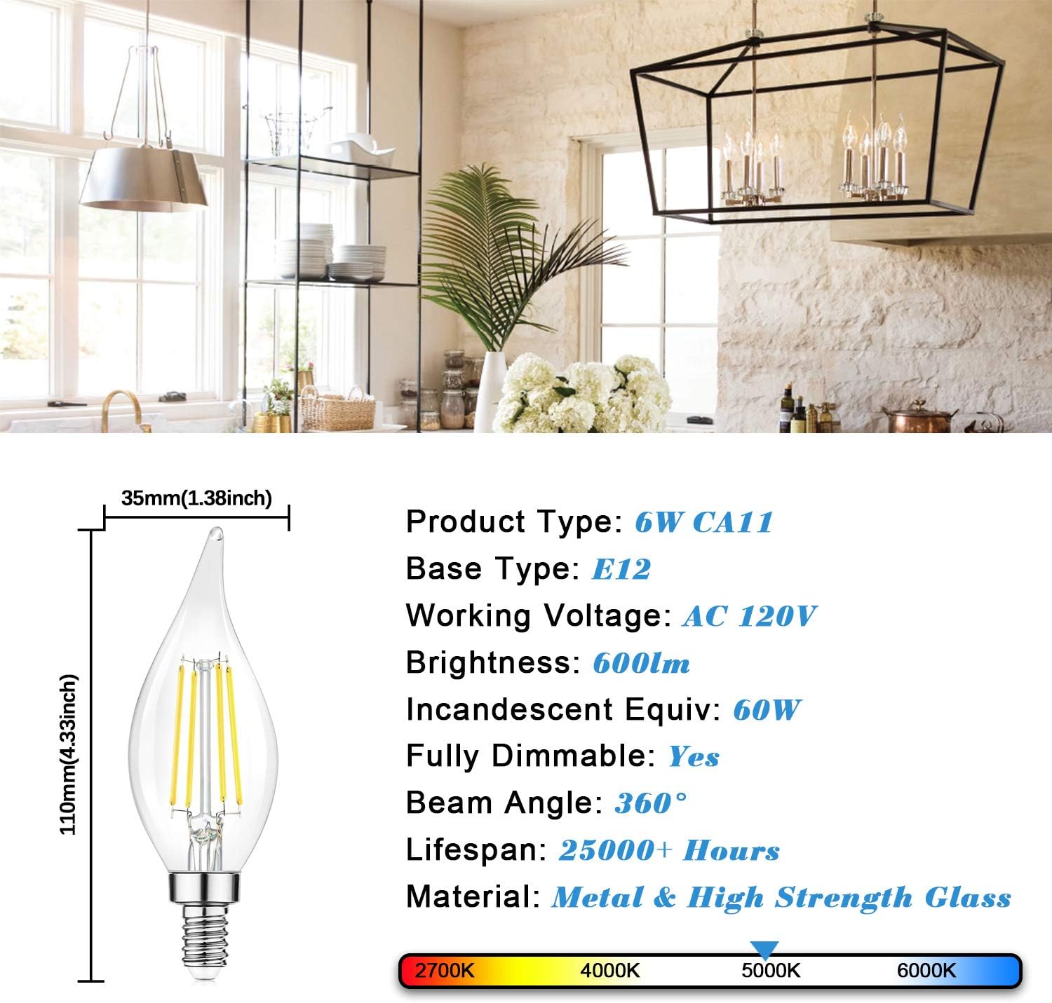 Dimmable E12 Candelabra LED Bulbs 60 Watt Equivalent, 5000K Daylight White, Clear Filament LED Chandelier Light Bulbs 6W, 600lm, CA11 Vintage Ceiling Fan Light Bulb with Flame Tip, 12-Pack - - 