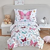 PERFEMET 4-Piece Girls Butterfly Bedding in Pink Floral - Reversible Colorful Flower Toddler Bed Comforter Set for All Season (White, Butterfly)