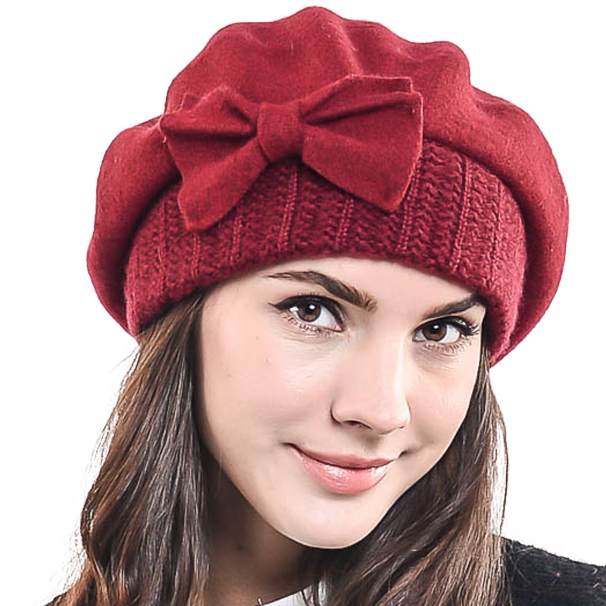 HISSHE Lady French Beret 100% Wool Beret Knit Beanie Winter Hat HY022 (Claret)(Size: M)