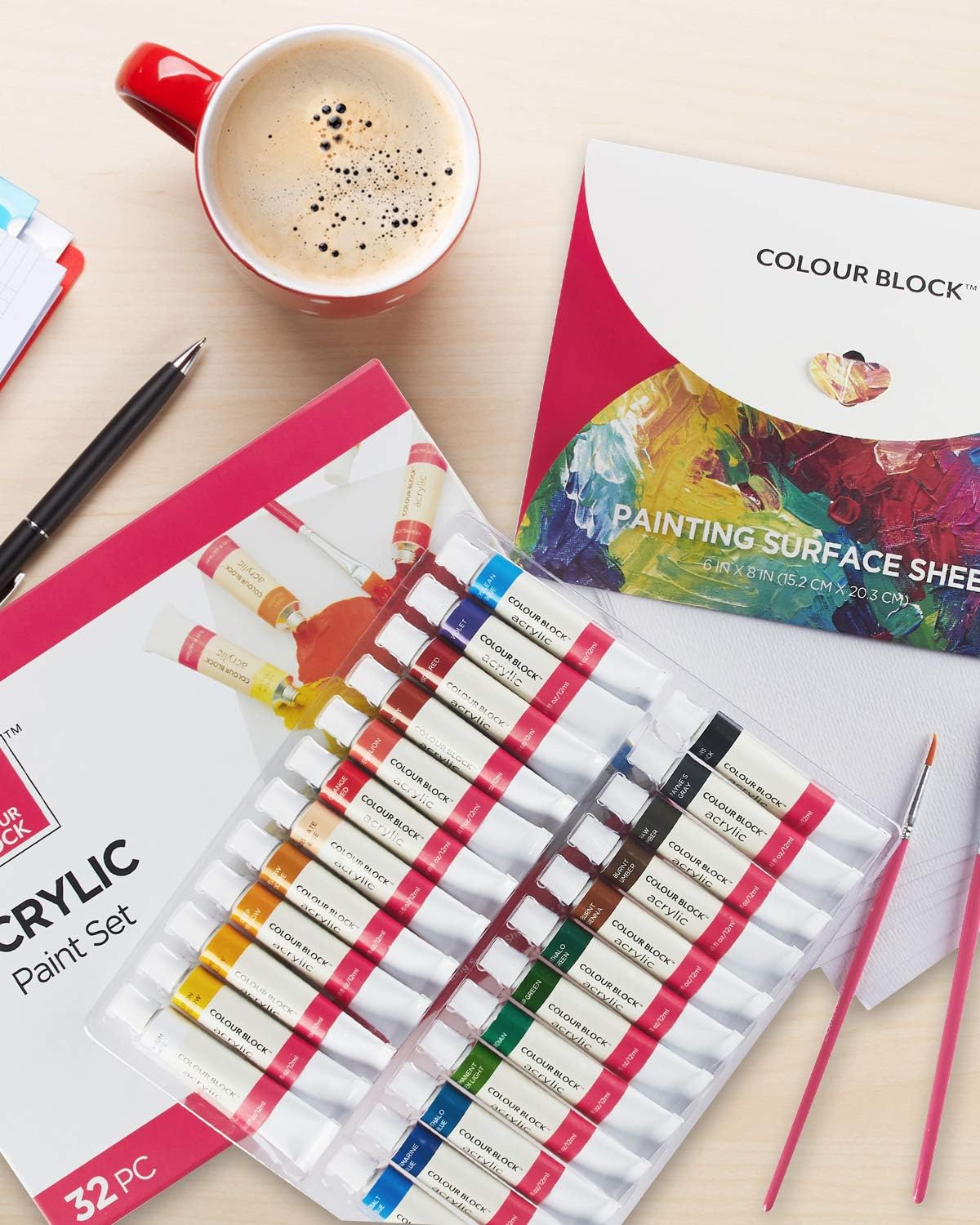 COLOUR BLOCK 32pc Acrylic Paints Tube Set with Paint Brushes and Fine Paper I Drawing Supplies for Canvas, Wood, Rock, Fabric I DIY Arts Crafting Tools for Kids, Teens, Adults and Beginners to Artists