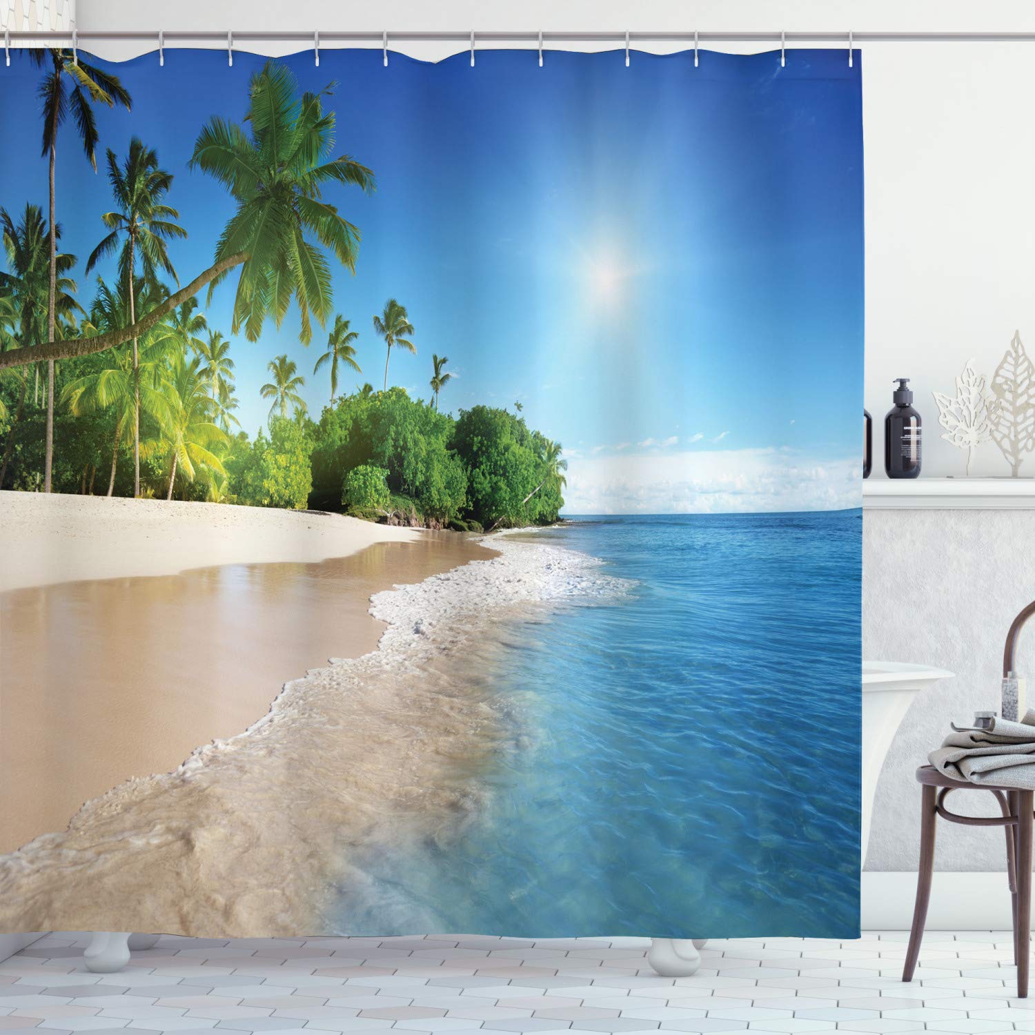 ABAKUHAUS Blue Shower Curtain, Ocean Tropical Palm Trees on Sunny Island Beach Scene Panoramic View Picture, Cloth Fabric Bathroom Decor Set with Hooks, 86 Inches Extra Long, Blue Green and White