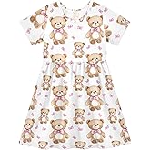 NUSTAPU Girls Summer Dress Cute Bear Print Short Sleeve Midi Dresses for Toddler Girl Bowknot Bear Dress 7-8 Years Size 8