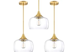 DORAIMY LIGHTING 3 Pack 1 Light Hanging Indoor Kitchen Island Pendant Ceiling Light 9" Drum Clear Glass Shade Fixture,Brushed Bronze Finish Modern Farmhouse Dinning Over Sink Adjustable Rod