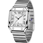 CARLIEN Unisex Classic Square Roman Numerals Silver Analog Waterproof Watches for Women Men Stainless Steel Strap Date Display Casual Wristwatch