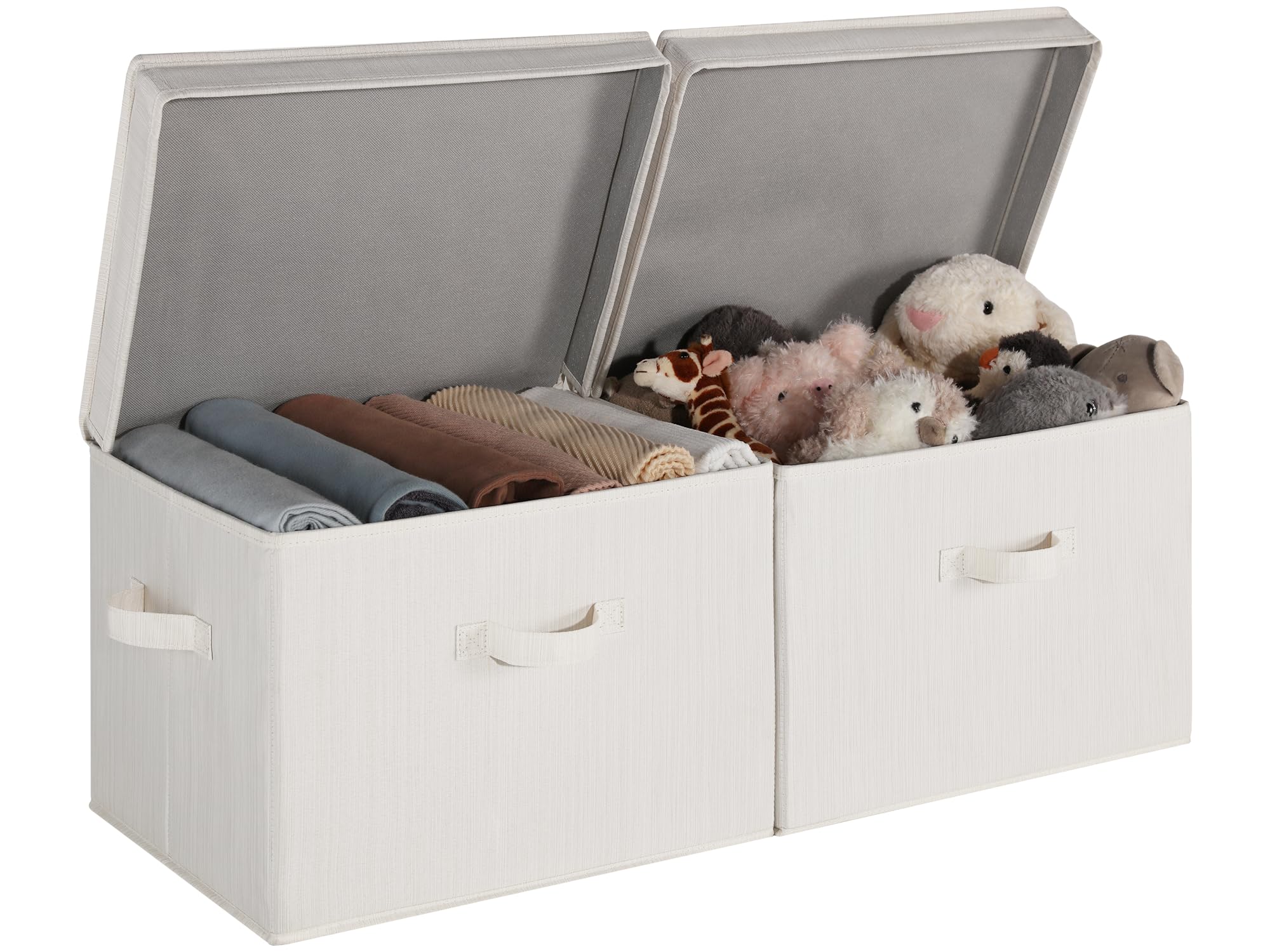StorageWorks Storage Boxes with Lids, Extra Large Storage Baskets for Shelves, Fabric Clothes Storage Boxes with Lids, Pretty Top Wardrobe Organisation, Mixing of Beige, White & Ivory, 2-Pack