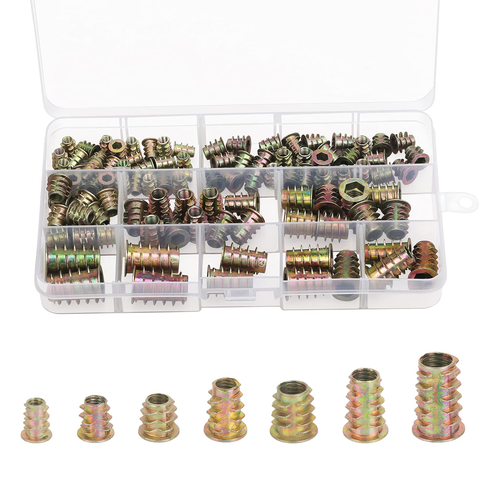 SUNYOK Threaded Insert Nuts 100pcs Furniture Inserts Nuts M4 M5 M6 M8 M10 Hex Socket Screw Nut Durable Wood Threaded Insert Nuts Assortment Kit Anti-corrosion Drive Head Nuts for Assembly Craftsman