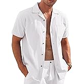 COOFANDY Mens Casual Button Down Shirts Short Sleeve Summer Cruise Hawaiian Linen Shirts (White Medium)