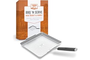 Yukon Glory™ BBQ 'N SERVE Wide BBQ Grill Basket The Grilling Basket Includes a Clip-On Handle - Perfect Grill Baskets for Outdoor Grill Vegetables or Fish Basket & Meat