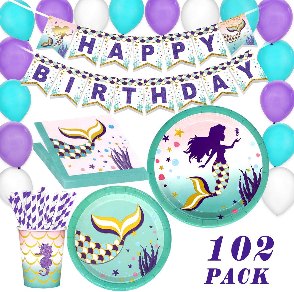 Pawliss Mermaid Party Supplies, Serves 16 Birthday Party Favors Decorations for Kids Girls, Plates Cups Straws Napkins Balloons Banners, Bulk Pack 102ct