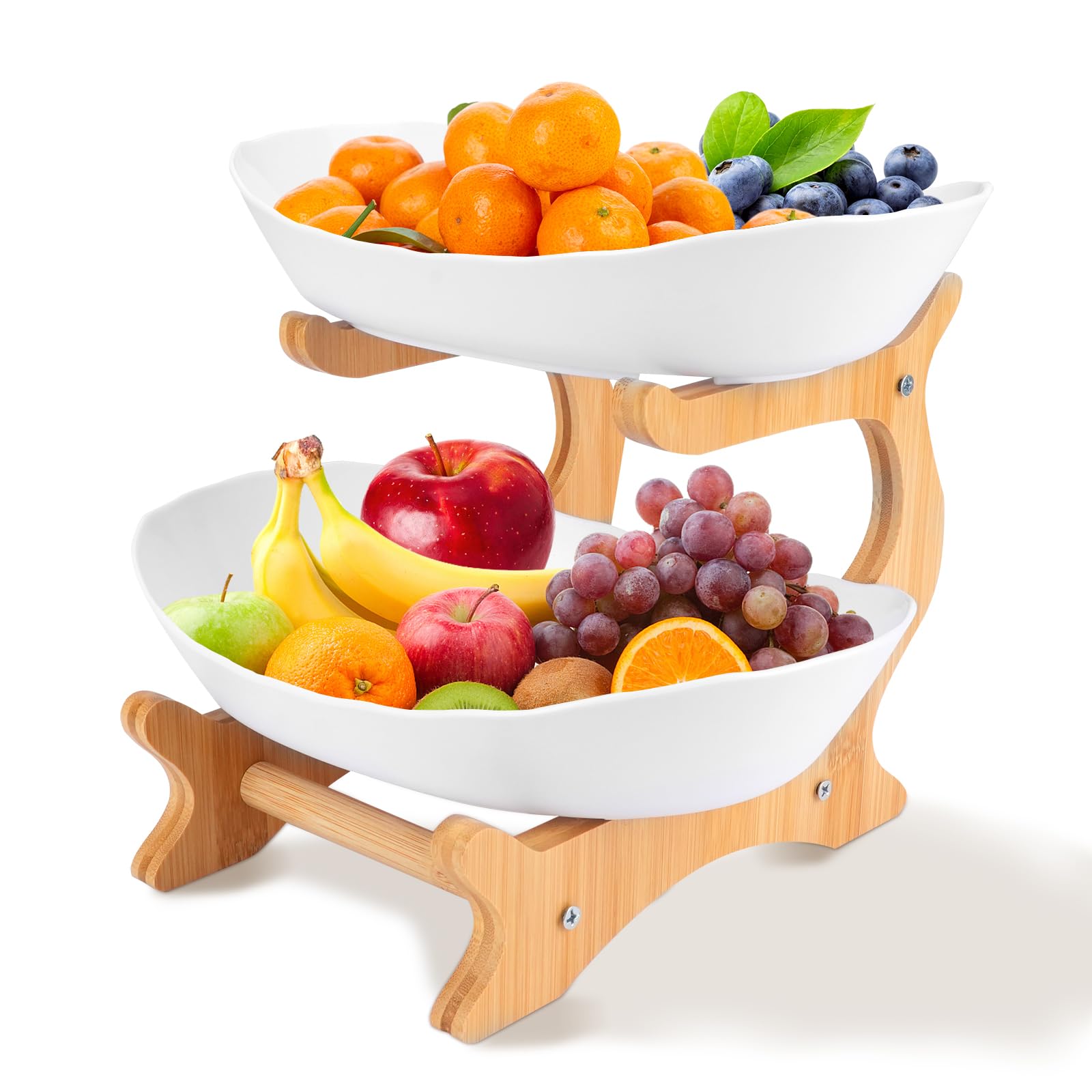 Photo 1 of RETON 2 Tier Fruit Bowl for Kitchen Countertop, Plastic Fruit Basket Rack with Bamboo Wood Stand for Tiered Vegetable Storage Tray, Salad Cake Snack Dessert Party (White)