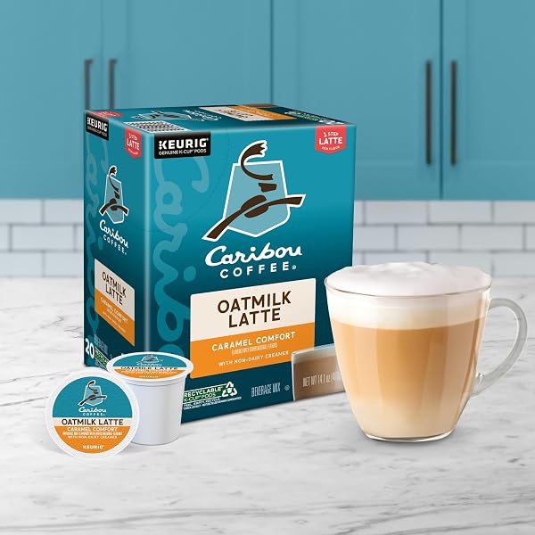 CARIBOU COFFEE CARAMEL COMFORT OATMILK LATTE, ONE STEP LATTE SINGLE SERVE KEURIG K-CUP PODS, 20-COUNT BOX