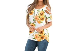 NILOUFO Womens Summer T Shirts Short Sleeve Tunic Strappy Cold Shoulder Tops