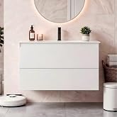 Olabox Bathroom Vanity with Sink, Floating Vanity (White, 30 Inch) | Wall Mounted Design, Double Smooth-sliding Drawers, Handleless Design, Sink Combo