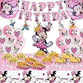 Minnie Party Supplies,38 PCS Birthday Decorations Set Include Banner, Balloons, Disposable plates, Hanging Swirls, Cake Cupcake Toppers, Tablecloth for Boys Girls Minnie Theme Party