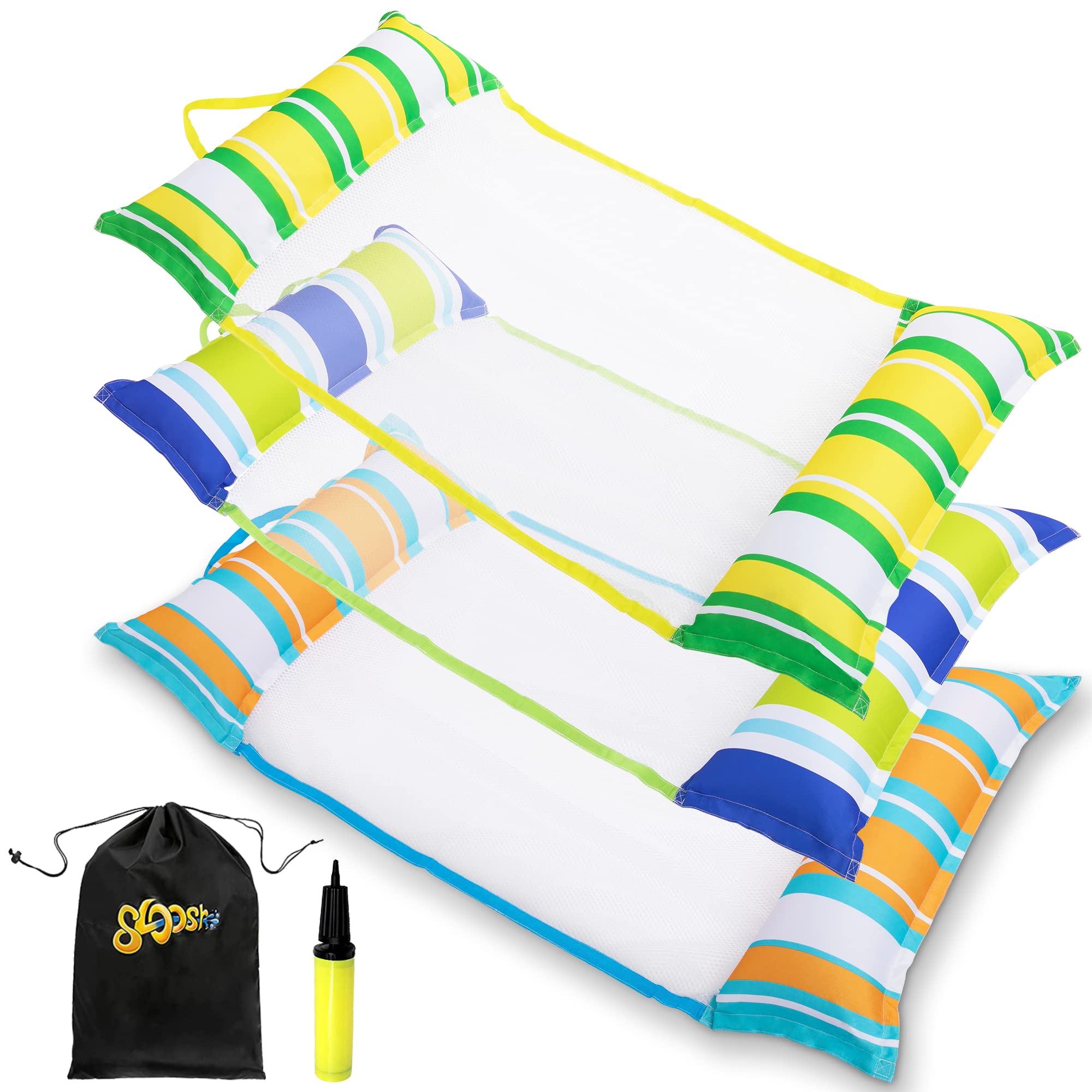 Sloosh 3 Pack Inflatable Pool Float Hammock, Water Lounges, Multi-Purpose Swimming Pool Accessories (Saddle, Lounge Chair, Hammock, Drifter), Lake, Outdoor, Beach