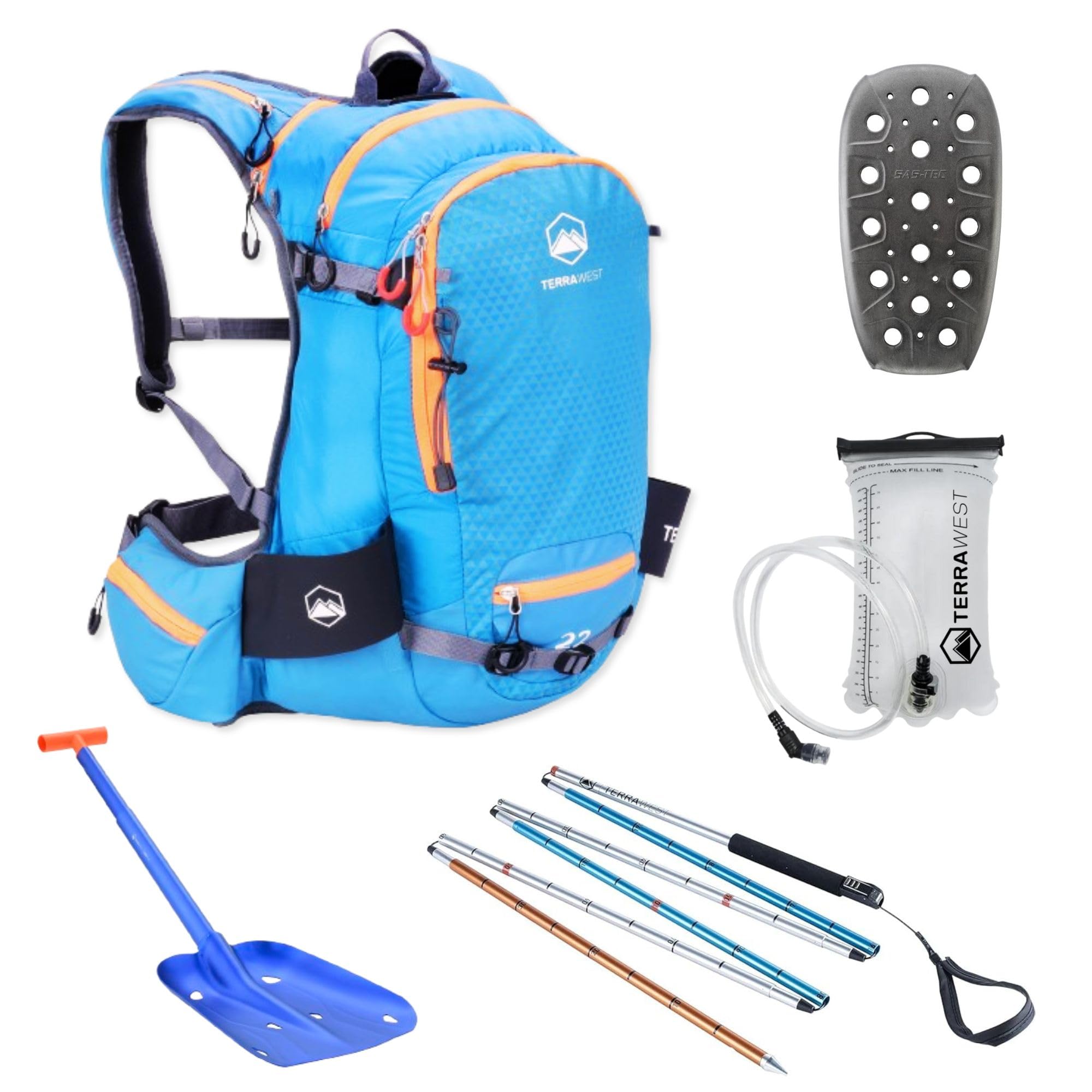 TerraWest Core Avalanche Kit,Ski Backpack Including Recco & Removable Back Protector, Hydration Bladder, Core Plus Shovel, Core 240 cm Quick Lock Probe, Backcountry Skiing, Snowboarding (Blue)