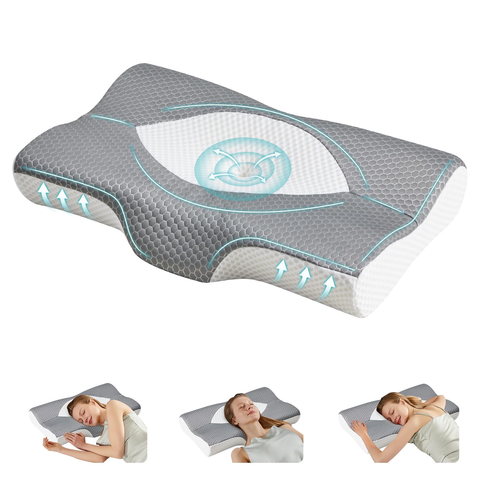 DUMOS Cervical Neck Pillow for Sleeping, Cooling Ergonomic Memory Foam Pillow with Arm Rest Slot and Ice Silk Pillowcase, Dual Height Orthopedic Support Contour for Side, Back, Stomach Sleepers