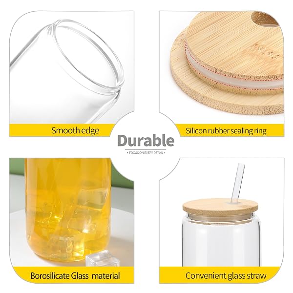 YOUKE OLA 20 PACK GLASS CUPS WITH BAMBOO LIDS AND GLASS STRAW 16OZ BEER CAN SHAPED DRINKING GLASSES CUPS, GLASS TUMBLER REUSABLE CUTE CUPS FOR WHISKEY, ICED COFFEE, TEA, SODA, COCKTAIL, GIFT, CLEAR