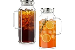 2 Pack 2 Liters/68 oz Octagon Glass Water Pitcher with Lid and Spout, Water Pitchers with Handle for Fridge, Borosilicate Gla