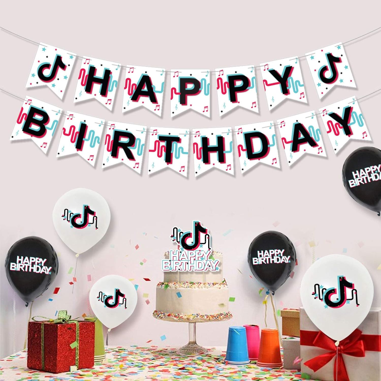 Ensemble De Fournitures De Fete Danniversaire Tik Tok Pour Enfants 12 Pieces Ballons Tik Tok Banniere De Joyeux Anniversaire Cuisine Et Maison Decorations Loclic Com