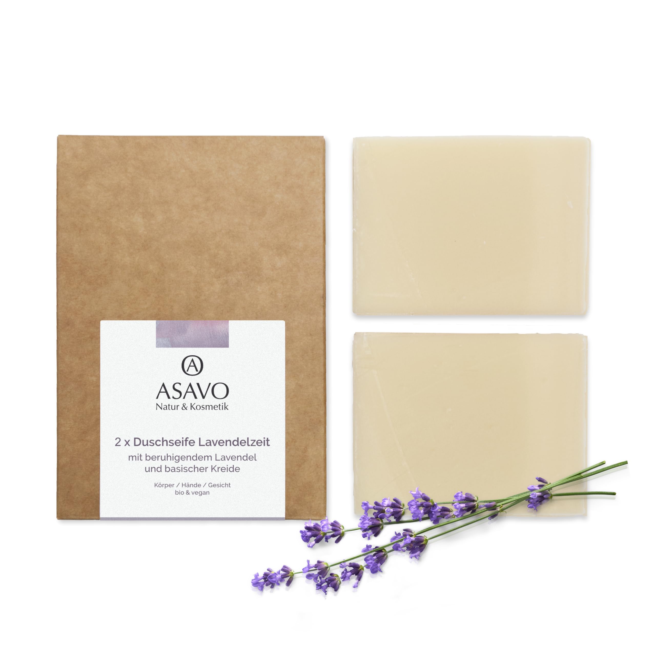 ASAVO Premium lavender soap, hand-made natural soap, with organic carite butter, virgin organic coconut oil and natural lavender oil, vegan, clean beauty product, 2 x 95 g