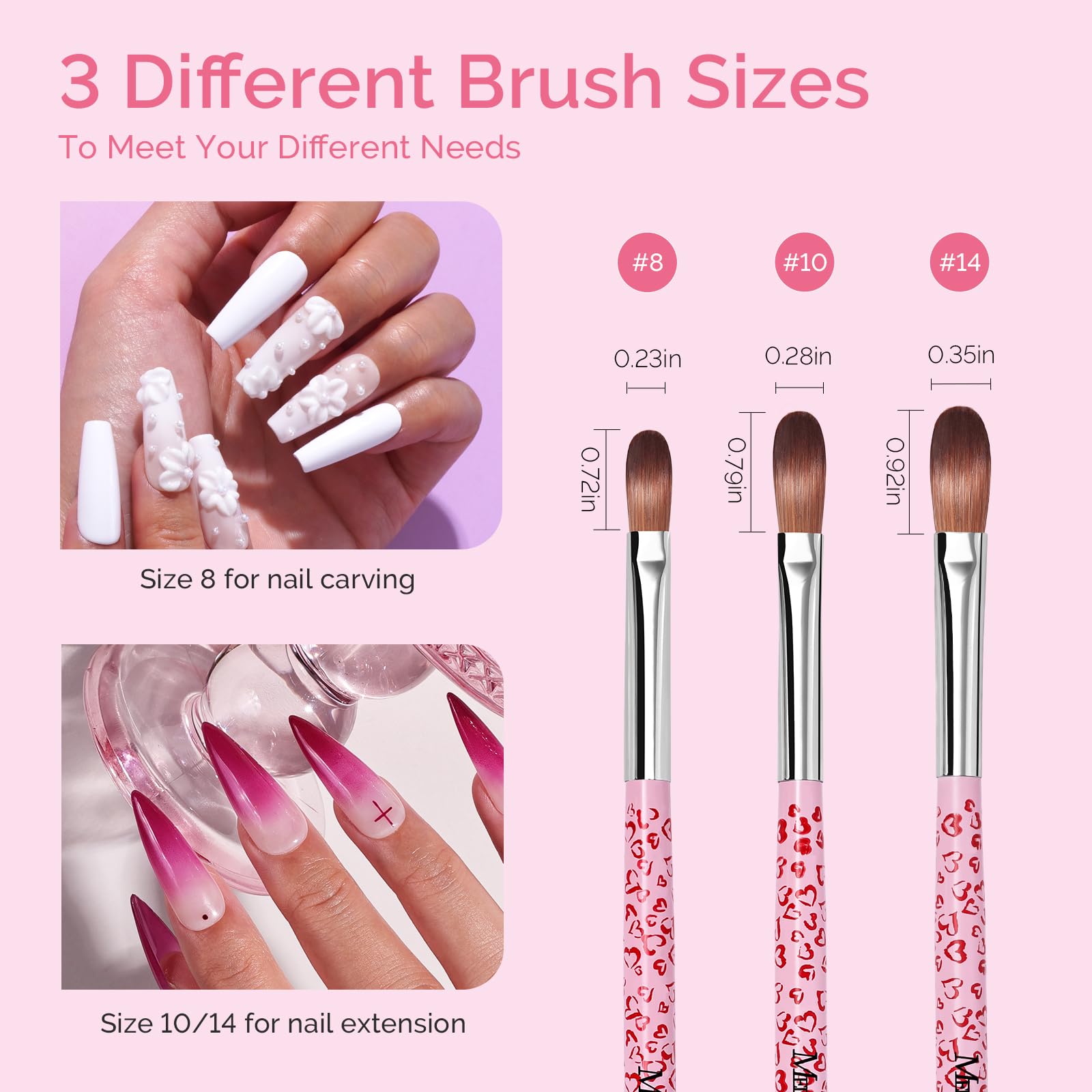 MelodySusie 3Pcs Acrylic Nail Brush Set, Size 8/10/14 Professional Nail Brushes for Acrylic Application Acrylic Powder Nail Art Extension and 3D Nail Carving for DIY Home Salon Nail Art Tool Pink - Image 4